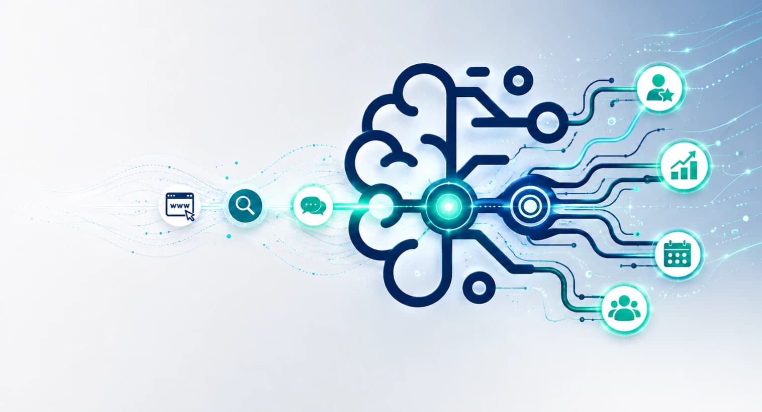 Diagrama del ecosistema de PotencIA Soluciones: una web y las búsquedas en Google llevan conversaciones hasta PotencIA, que las convierte en clientes, citas en agenda y crecimiento.