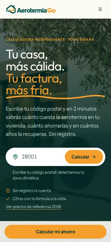 Calculadora de Aerotermia Go en un teléfono móvil