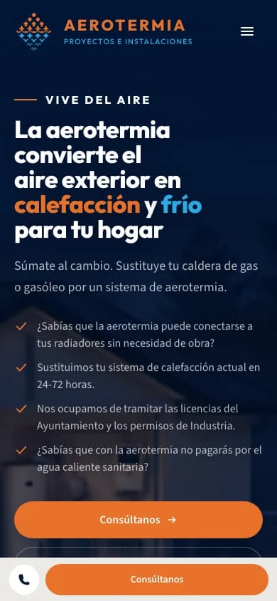 Web responsive de Aerotermia Proyectos e Instalaciones en un teléfono móvil